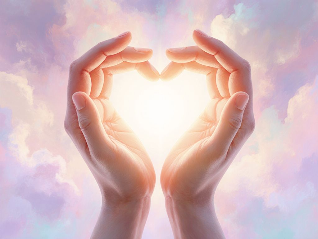 Artistic representation of overcoming fear of loss with hands forming heart around warm light